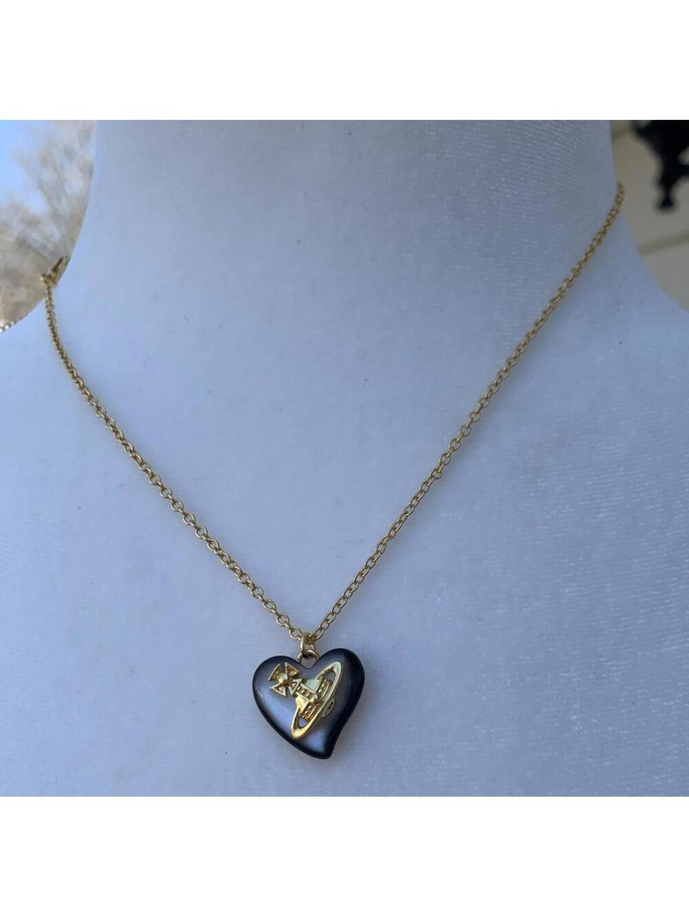 Vivienne Westwood Heart Orb Necklace Shell Pearl Gold Pendant Black Chain